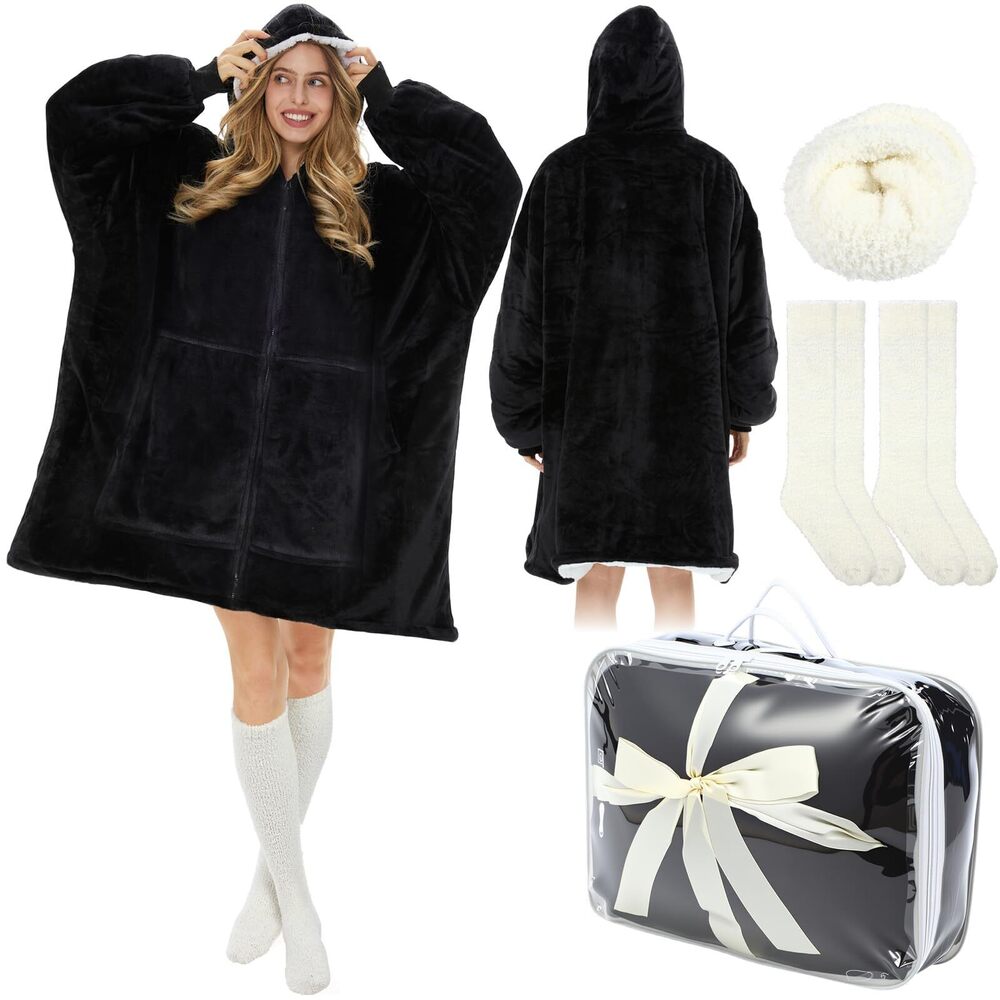 2654 3 Pack Oversized Sherpa Blanket Hoodie and Cloud Sleep Socks